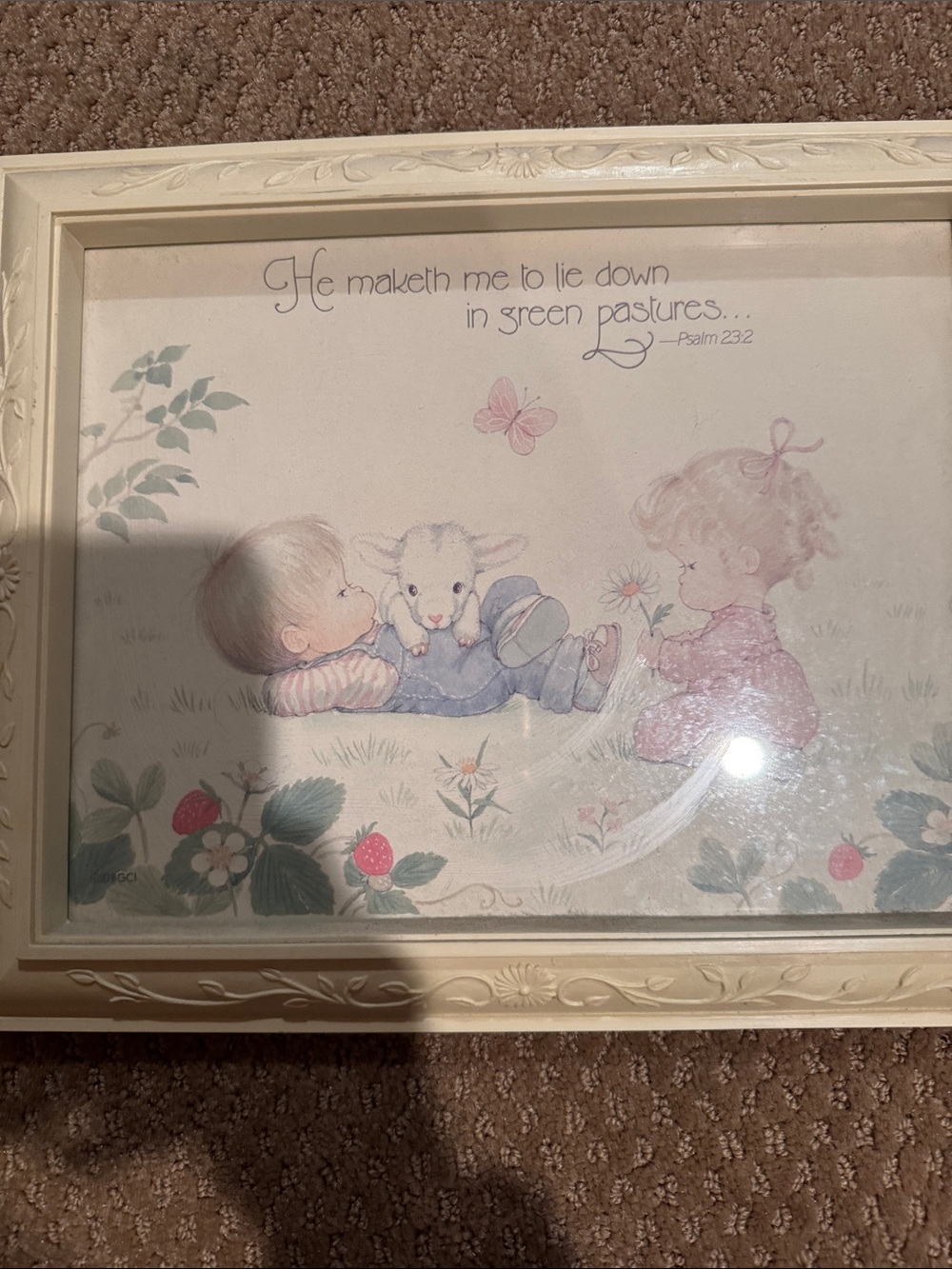 Pair of Framed Pastel Nursery Art Print - Children with Lamb